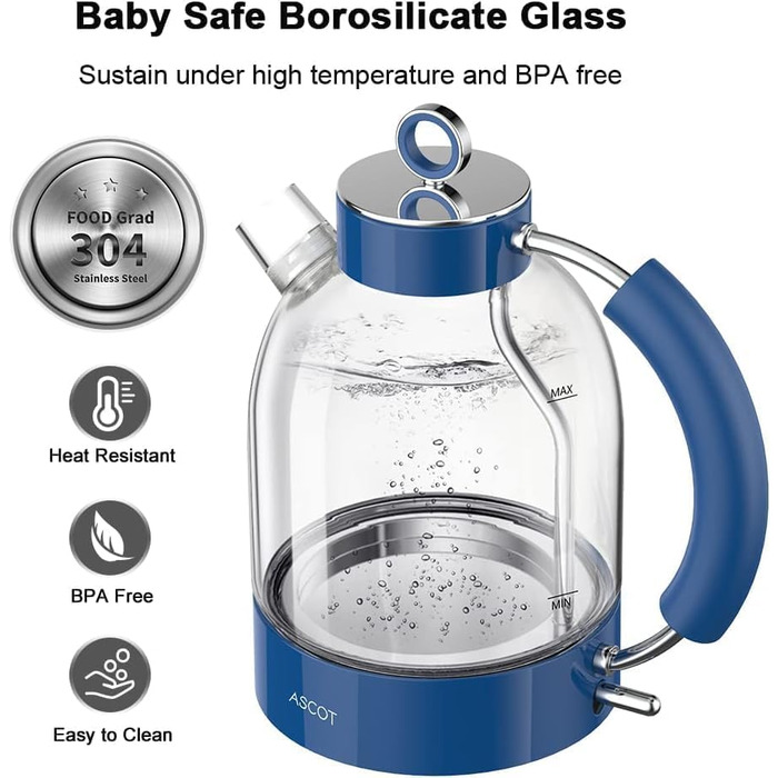 Електричний чайник зі скла ASCOT, 2200W, 1.5L, без BPA, тихий, з функцією автоматичного відключення, білий (класичний блакитний)