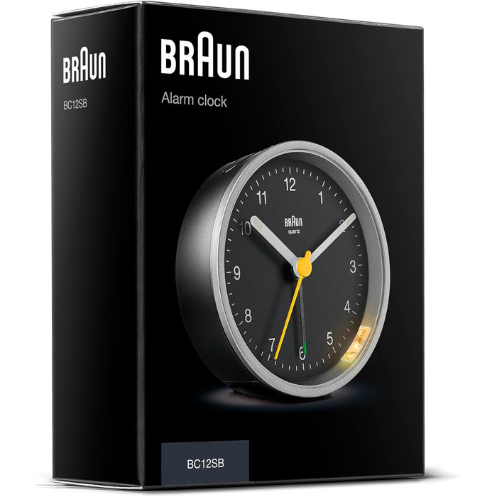 Classic Braun analog alarm clock with snooze function and light, quiet quartz movement, crescendo alarm in black and silver, model BC12SB