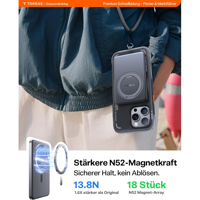 Power Bank TORRAS MiniMag Ultra Slim з MagSafe, 360° підставка, 18W, 5000mAh, магнітне кріплення, сірий титан. Сумісний з iPhone 17 Pro Max/Air/16/15/14/13/12