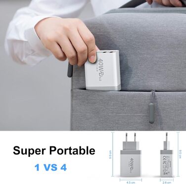 Мережевий зарядний пристрій 40W з 4 портами USB-C та USB-A (2 шт.) - для iPhone, iPad, Samsung, Tablet. Підтримка PD 3.0