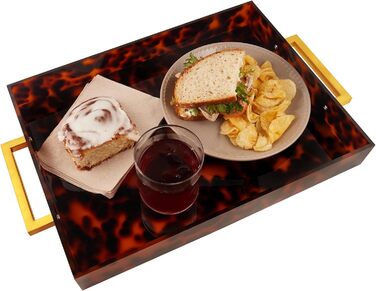 Acrylic Serving Tray with Golden Handles, 40.6 x 30.5 x 5.1 cm Decorative Tray for Table, Food, Drinks Serving Platter for Countertop, Kitchen, Bathroom, Party, Serving Tray (Tortoiseshell)