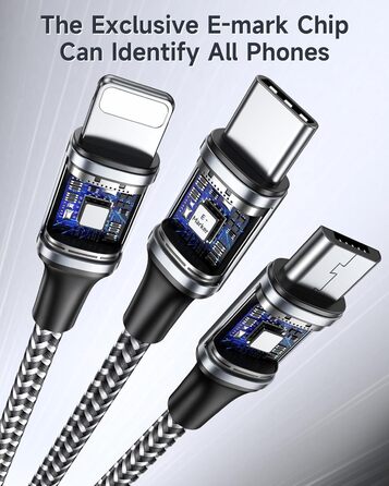 Кабель RAVIAD 100W USB-C на 3 USB (USBC, Micro, Lightning) 2м, сірий. Швидка зарядка для iPhone, Galaxy, MacBook