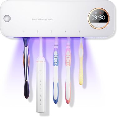 Wall-mounted toothbrush holder with automatic drying, 4000 mAh battery, infrared sensor, holds 5 toothbrushes