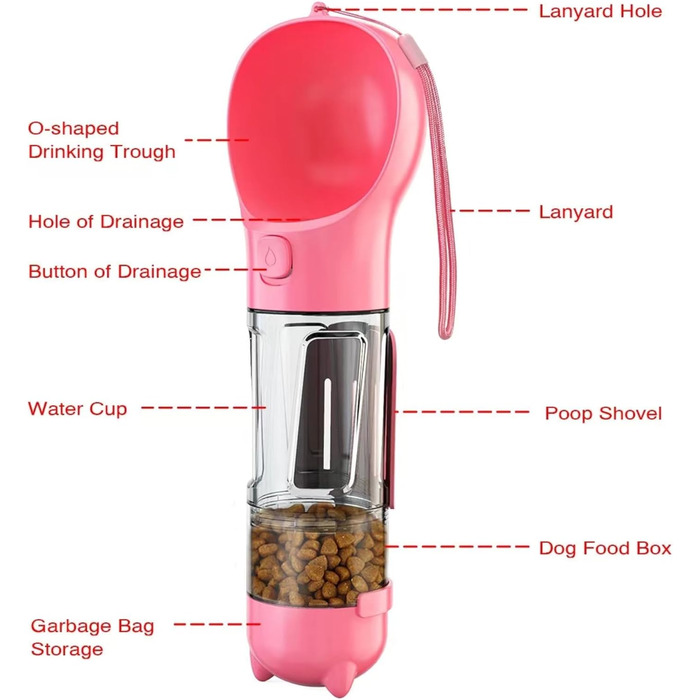 Подорожній набір для собак: миска, пляшка та диспенсер корму (рожевий, 350 мл)