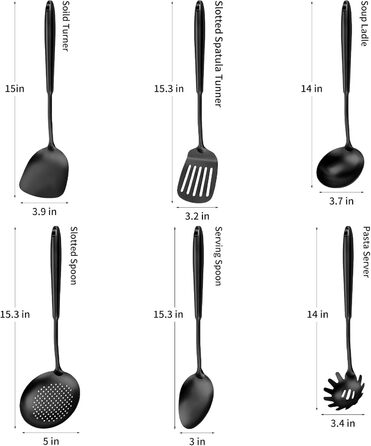Набір кухонних аксесуарів з нержавіючої сталі 304, 12 предметів. Комплект кухонного начиння з лопатками, шумівками, ложками, друшляками, шпателями, виделкою для пасти та щипцями. Можна мити в посудомийній машині. Чорний колір.