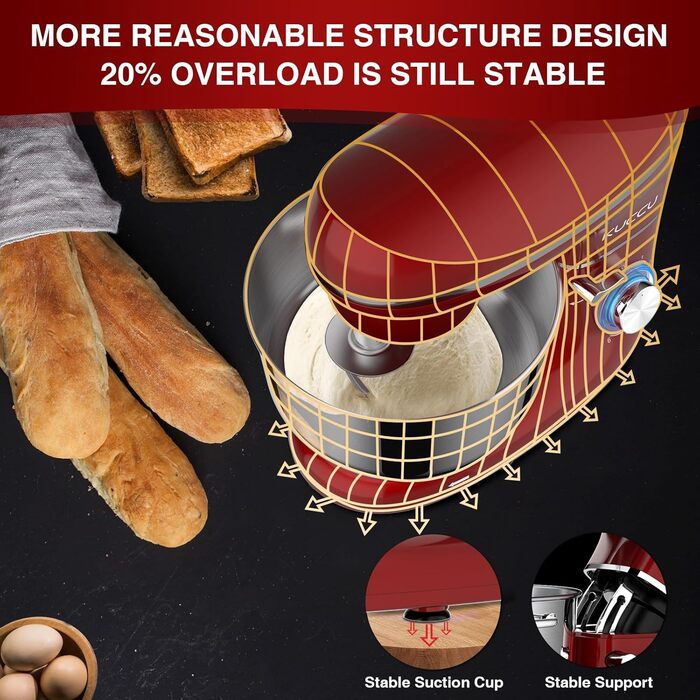 Кухонний комбайн-міксер 1500W з чашею з нержавіючої сталі 7л, планетарний міксер для тіста з 6 швидкостями та набором насадок (гак, вінчик, міксер), червоний