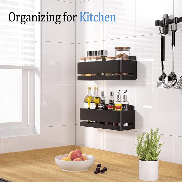 Настінна полиця для ванної кімнати (5 шт. в наборі) з мильницею та тримачем для зубних щіток, без свердління, для ванної та кухні (сірий, чорний, 2 яруси)