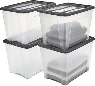 Iris Ohyama Storage Boxes with Lids, 60L, Set of 4, Black, Secure Closure, Stackable, Handles, for Bedroom, Closet, Office, Organization, BPA-Free Plastic, Storage Boxes, NTB-60