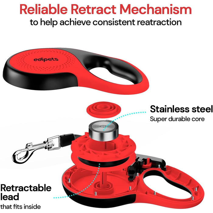 Hundeleine Edipets висувна 8 м, для собак різних розмірів, червона
