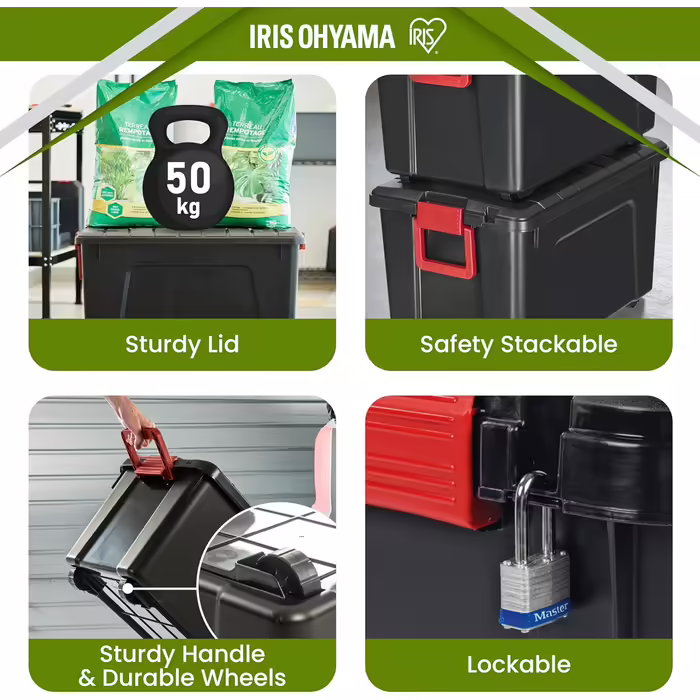 Iris Ohyama Large Plastic Storage Box, 60L Garage Storage Box, Set of 3, SIA-60, Black, Stackable, Clasp Fasteners, B59 x D39.5 x H35.5 cm (75L x1)