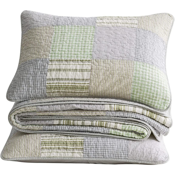 Комплект ковдр Chezmoi Collection Quinn: 3 шт. з квітковим візерунком гібіскуса, смугастий, з бавовни, легко переться – легка двостороння ковдра, розмір Queen (Плед Candy Patchwork Зелений Сірий)