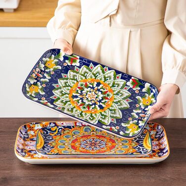 Vancasso Porcelain Serving Platter Set, SIMI Series Rectangular Plates Set, Bohemian Dinner Plates, Cake Plates, Dessert Plates, Breakfast Plates, 3 Sizes Serving Platters