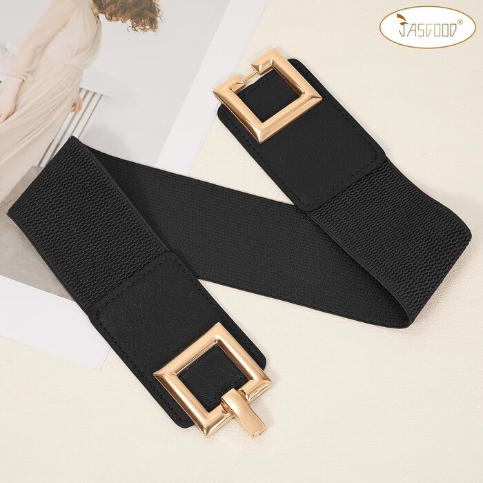 Жіночий широкий еластичний пояс JasGood з золотою пряжкою, чорний, XXL (101-115 см)