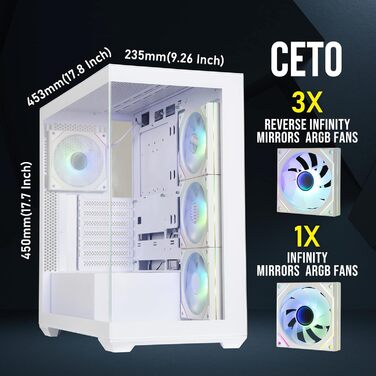 Корпус для ПК BitFenix CETO White з високою вентиляцією та склом Panoramic Tempered Glass, підтримка Reverse Connection Motherboard, 4x ARGB вентилятори Infinity Mirroring, підтримка 360mm AIO та GPU 410mm