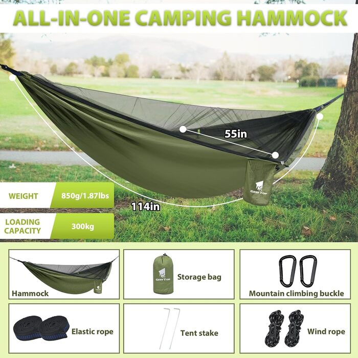 Гамак GEERTOP з москітною сіткою, 300 кг вантажопідйомність, для кемпінгу, походів, виживання, подорожей, саду