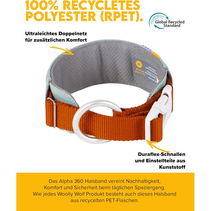 Нашийник для собак середнього розміру Woolly Wolf Alpha 360, розмір M, колір Гляцієрово-зелений - екологічний, зручний, з відбиваючими елементами для безпеки