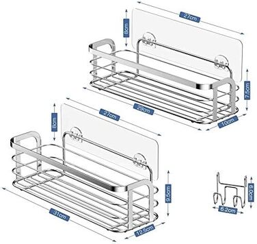 Avoalre Shower Caddy, Stainless Steel Shower Shelf, No Drilling Required, Shower Basket with Strong Adhesive, 2 Pack, Lightweight Shower Shelf with 1 Movable Suction Hook