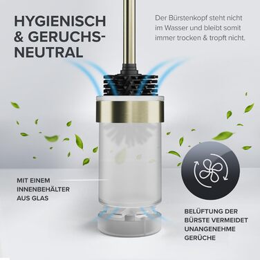 Набір для чищення унітазу Ovimar Finnkona з кріпленням на стіну без свердління | Силіконова щітка для унітазу з вентиляцією | Виготовлена з порошково-пофарбованої нержавіючої сталі | Змінний насадка для унітазу (золота)