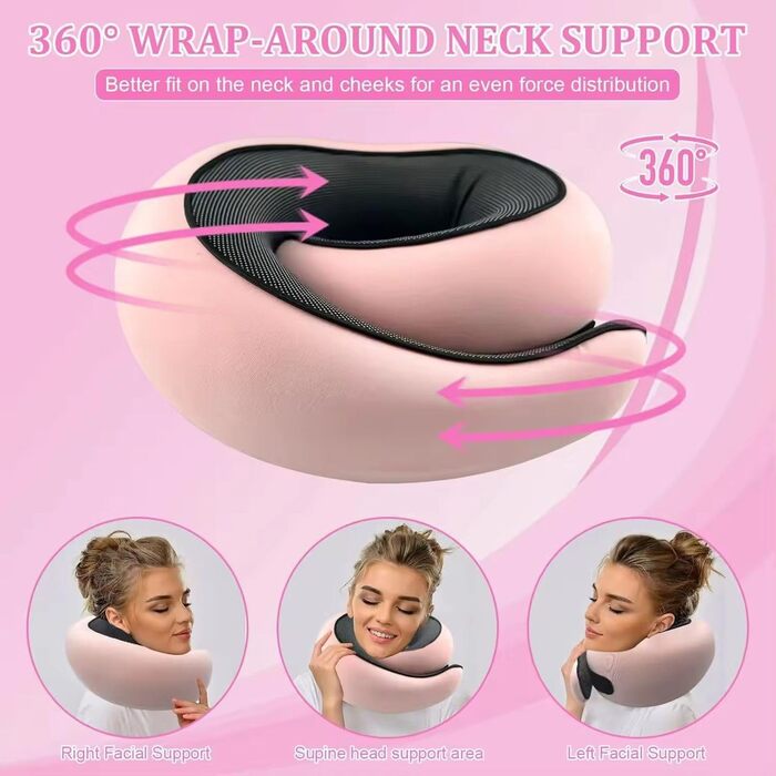 Подушка для шиї Rose - ергономічна, з піною з пам'яті, для подорожей, з маскою для очей та навушниками, рожева