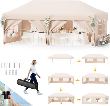 Devoko Gazebo, 2x2 Gazebo Waterproof, Stable, Winter-Proof, 3-Height Adjustable, Folding Gazebo UV Protection 50+, Folding Tent, Folding Canopy, Gazebo with Carry Bag, For Garden Outdoor Camping, (3*6m 6 Side Walls, Beige)