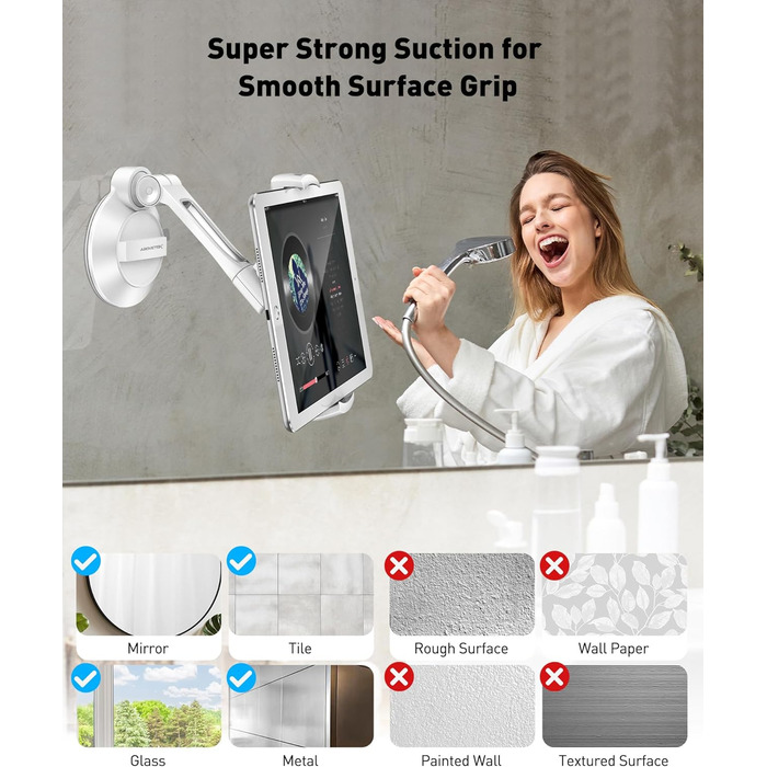 Підставка для планшету та смартфона AboveTEK з присосками, 360° обертання, для iPad/Android (4-11 дюймів), авто/дім/офіс, білий