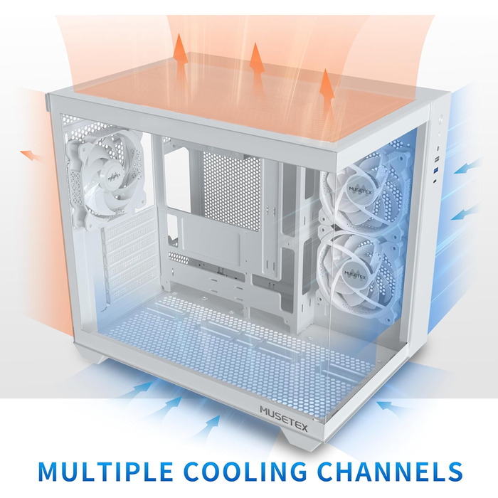Корпус ПК MUSETEX Y6 ATX з підтримкою 360мм радіатора, Type-C, для геймінгу, з 3 вентиляторами, скляна бічна панель 270°, білий, Mid Tower