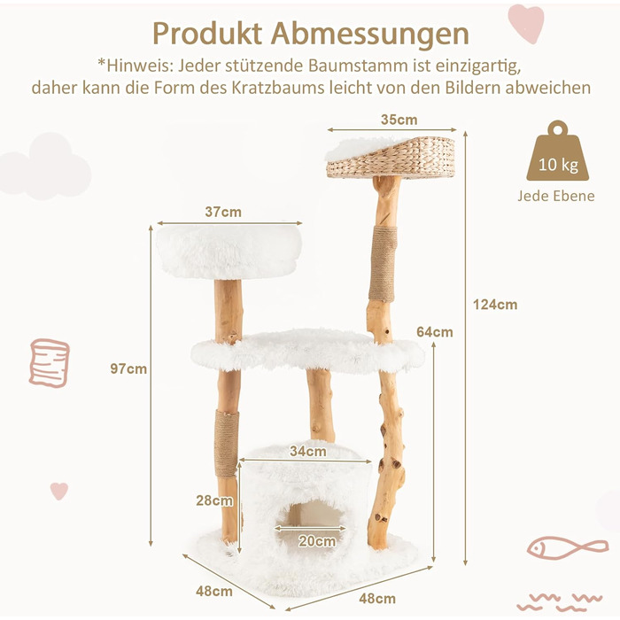 Дерев'яна кігтеточка SOARS для котів з 3 природними стовбурами, ліжком та плюшевими поверхнями, з іграшковим м'ячиком та джутовим мотузком, багатоповерхова, біла (124 см)