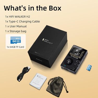 HiFi Walker H2: Hi-Fi MP3 плеєр з Bluetooth, DSD DAC, підтримкою FLAC, 64GB карта пам'яті (до 256GB), чорний
