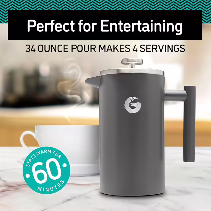 Coffee Gator French Press Coffee Maker - Stainless Steel Thermal Coffee Carafe for Longer Hot Coffee - 1 Liter – Stainless Steel - Includes Travel Coffee Canister Silver