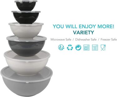 BoxedHome Gray Mixing Bowls Set with Lids, Reusable Mixing Bowl, 12-Pack Mixing Bowl, Plastic Salad Bowl Non-Slip Stackable Serving Bowls for Kitchen (6 Bowls and 6 Lids)