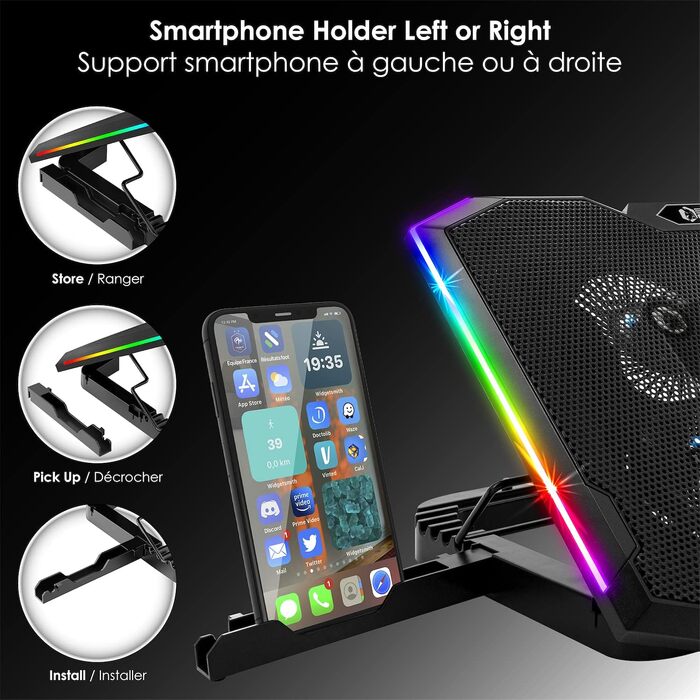 Ігровий охолоджувач для ноутбука EMPIRE GAMING Guardian S-C100 RGB, 6 вентиляторів, LCD-контролер, 5 рівнів висоти, підставка для смартфона, для ноутбуків 12-17 дюймів
