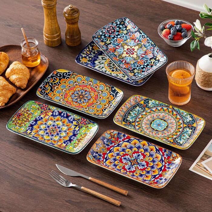 Vancasso Serving Plates, Porcelain, SIMI Rectangular Plate Set, 6-Piece Bohemian Dinner Plates, Dessert Plates for 6 People, 24.7 x 14.2 x H 3.1cm