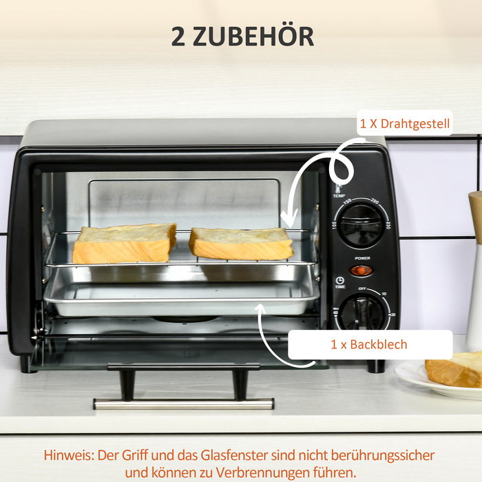 HOMCOM Міні-духовка 10 л, 750 Вт, до 230°C з таймером 60 хв, невелика електродуховка з декою та решіткою 36,5x26x22 см, чорна