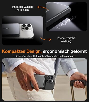 Портативний зарядний пристрій TORRAS MiniMag Qi2 з MagSafe, 10000mAh, сертифікований Qi2, магнітний, з кабелем USB-C 30W, бездротовий зарядний пристрій 15W для iPhone 17 Pro Max/Air/12-16, AirPods, сірий, титан