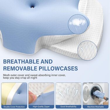 Подушка для шиї Ehomfory з ефектом пам'яті, дихаюча, ергономічна, для сну на боці, спині та животі (Блакитна)