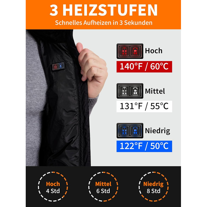 Гріюча жилетка для чоловіків та жінок з Powerbank 18400mAh, 10 зон нагріву, для кемпінгу, мотоциклів, катання на лижах, чорна, розмір L