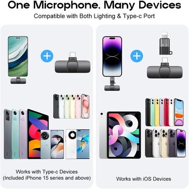 Бездротові кліп-мікрофони для iPhone/Android/комп'ютера/iPad - 2 шт. з шумозаглушенням для відеозйомки, Vlogging, TikTok, YouTube, Plug-and-Play