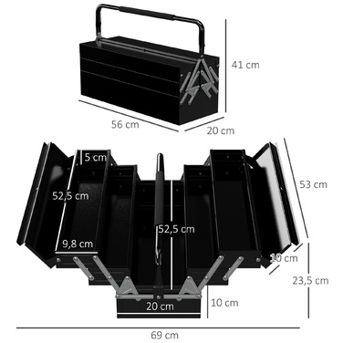 DURHAND Tool Case Tool Box 5 Compartments Folding Steel (SPCC) Black 56 x 20 x 41 cm | Aosom