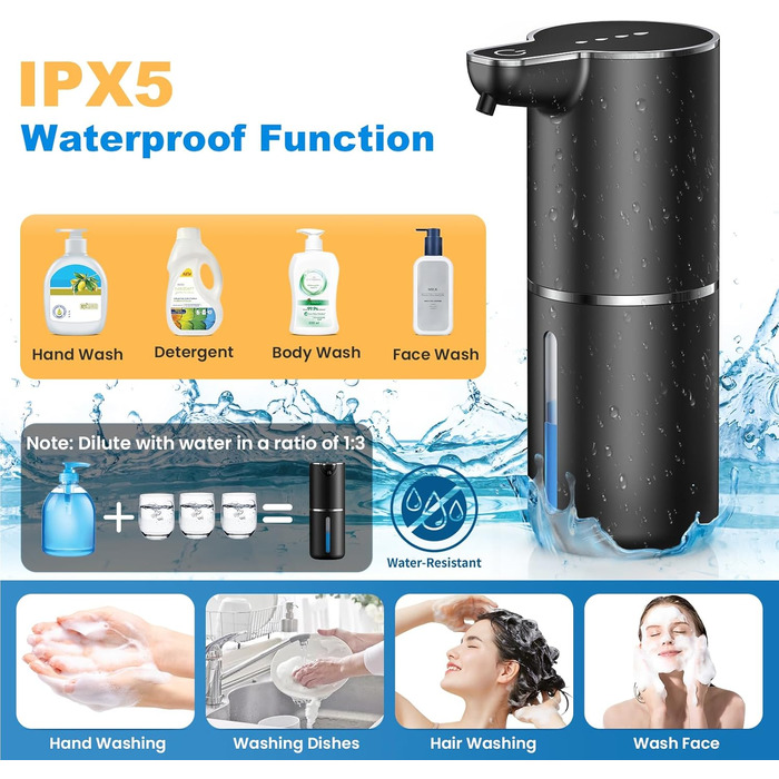 Автоматичний дозатор мила на батарейці з сенсором, USB-зарядка, 4 рівня регулювання, для кухні, ванної, школи. Підходить для рідкого та пінного мила. Білий колір.