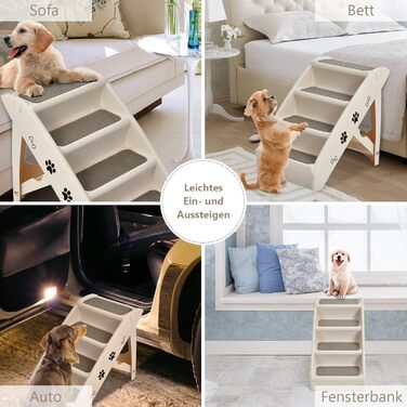 COSTWAY 4-Step Pet Stairs with Carpet, Dog Stairs Plastic Cat Stairs Foldable, Portable Dog Ramp Pet Stairs for Dogs and Cats, Pet Ramp for Climbing and Scratching (Beige)