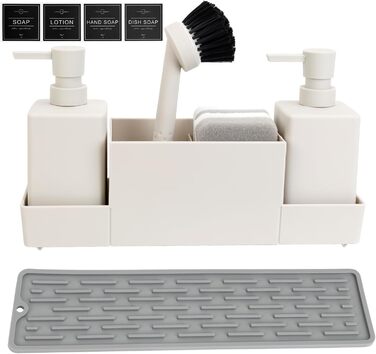 CAUTIOUS 350ML Sink Organizer with Brush, Soap Dispenser Sponge Kitchen Dish Soap Dispenser Set Made of Plastic, Sink Organizer with Two Soap Dispensers, Kitchen Gadget Organizer (white)