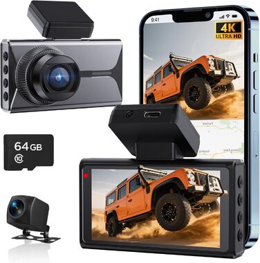 Відеореєстратор Antfutre Dashcam Auto Vorne Hinten 4K+1080P з GPS, WiFi, HDR, G-Sensor, 24/7 Parküberwachung, Loop-Aufnahme MXC-857-64GB
