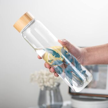 Glass Drinking Bottle 1L Glass Water Bottle with Bamboo Lid 1 Liter (1000ml) (Bird 1liter)