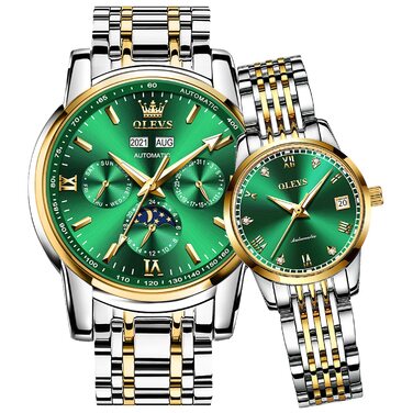 Набір автоматичних механічних годинників для пари OLEVS: чоловічий та жіночий з календарем, фазою місяця та турбійоном, двоколірні (Зелені)