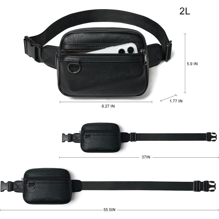 Чоловіча та жіноча поясна сумка, 2 л, веганська шкіра, коричнева, 8 дюймів, для подорожей, піших прогулянок, бігу. Модна бананка (чорна)