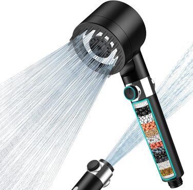 Showerhead with Filter MEKO High-Pressure Handheld Shower with 15-Layer Filtration, 1.5M Hose, 3 Spray Patterns, Water-Saving Showerhead for Removing Hard Water, Residual Chlorine, Bacteria, and Heavy Metals (Black)