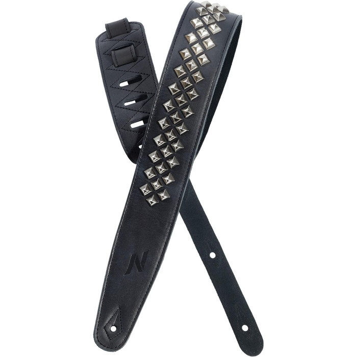 Гітарний ремінь Nefelibata з повном'якої шкіри, з м'якою підкладкою, з срібними заклепками, для електро-, акустичної та бас-гітари (2,5' шириною, карбоновий чорний) (Квадратні діаманти)