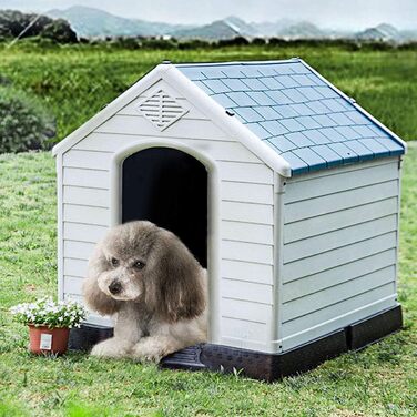 Будка для собак COSTWAY, пластикова хатинка для собак з піднятим дном та водонепроникним дахом, хатинка для домашніх тварин, для саду, приміщень та вулиці, блакитно-біла (70x65x71,5 см)