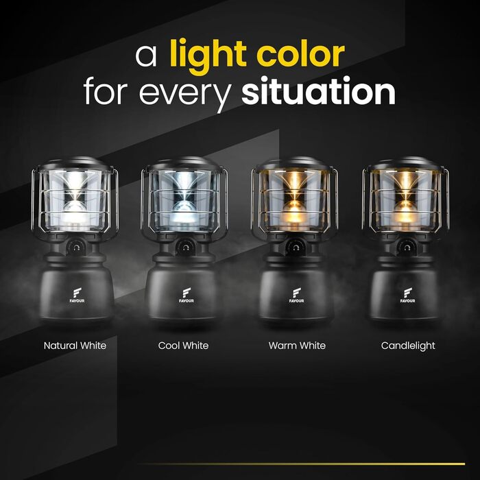 Favour LED Lantern Outdoor Lamp Bright 1300 Lumens | Camping Lamp, IP64 Waterproof, Shockproof | Camping Light with Stepless Dimming, Variable Color Temperature from Warm White to Cool White, Battery Powered