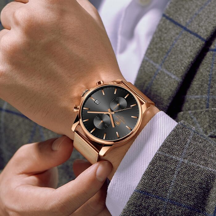 Чоловічий годинник на браслеті Mesh, кварц, аналоговий, чорний, з нержавіючої сталі, водонепроникний, хронограф, автоматична дата, Rose-gold (Рожеве золото)